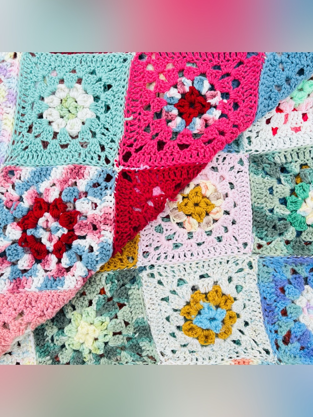 Vintage Granny Square Crochet Afghan Throw Blanket Handmade Boho Cottagecore - Picture 12 of 16